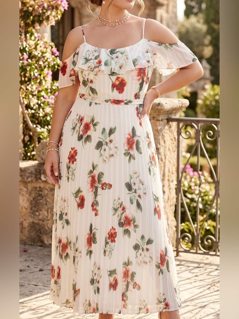 Bisou Bisou Michele Bohbot Floral Pleated Cold Shoulder Maxi Dress‎ Cream Red 18